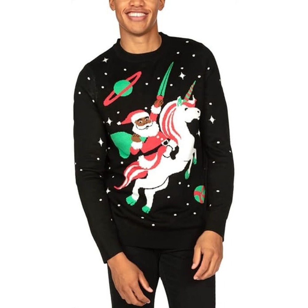 Tipsy Elves Mens Black Santa Unicorn Space Ugly Christmas Sweater XL NWT